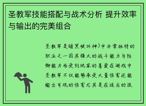 圣教军技能搭配与战术分析 提升效率与输出的完美组合