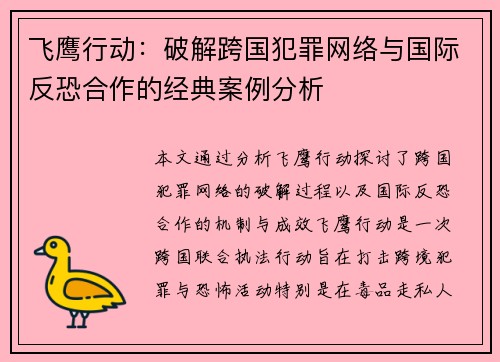 飞鹰行动：破解跨国犯罪网络与国际反恐合作的经典案例分析